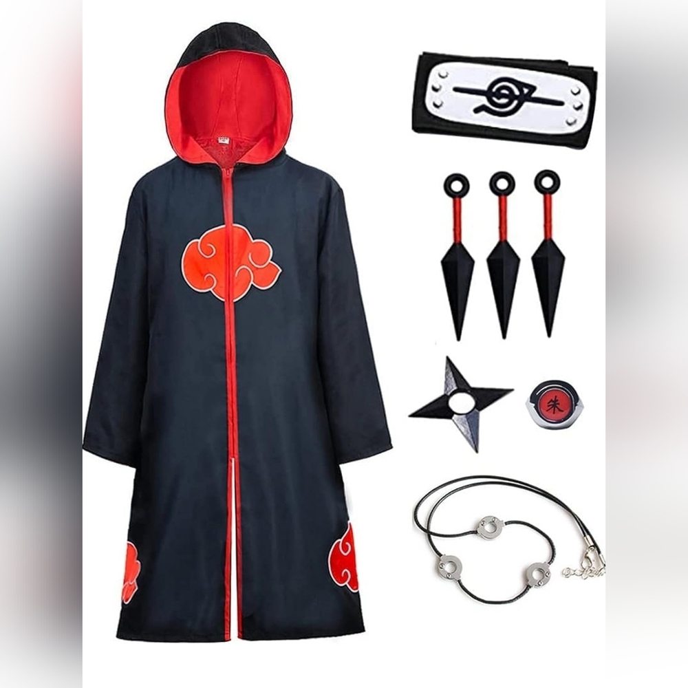 Naruto Akatsuki Uchiha Itachi Cloak Anime Cosplay New 8 piece Set